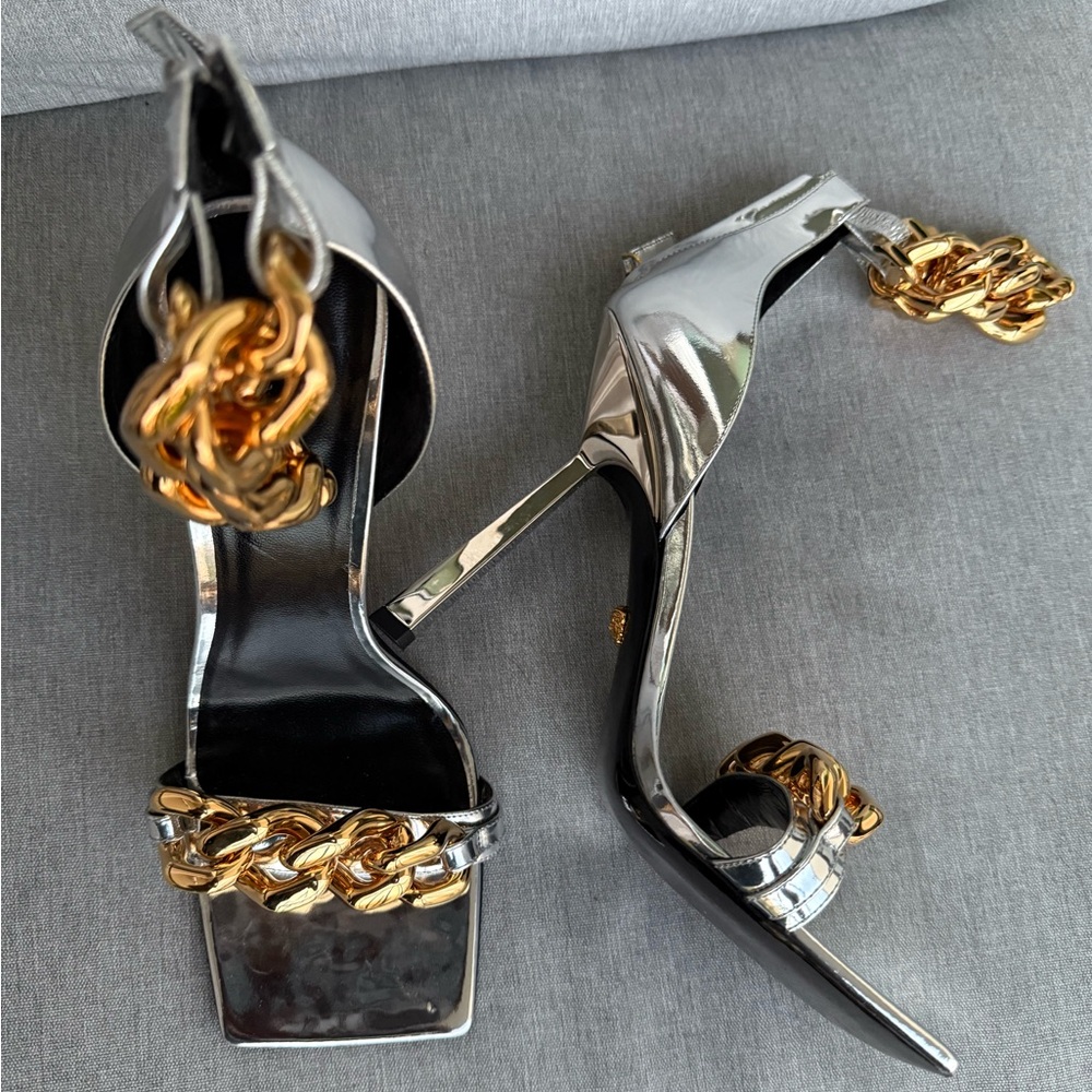 Versace Silver and Gold Chain Heels